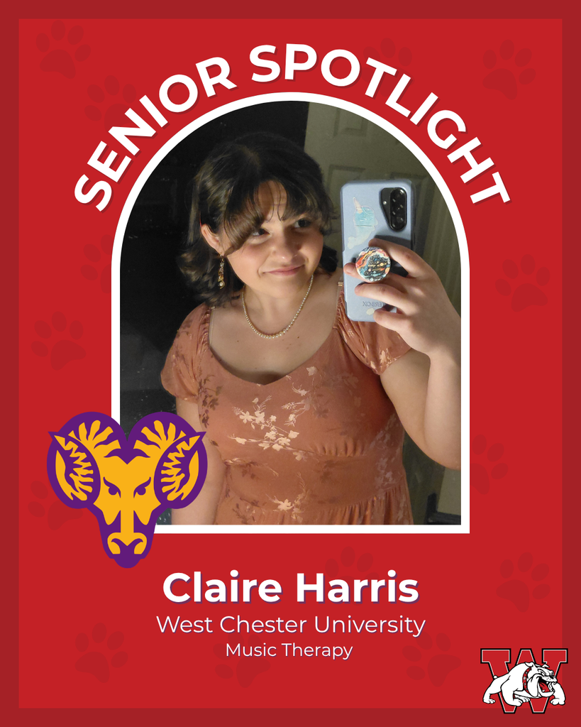 red graphic with paw prints with a students photo in the middle with their college logo in the corner along with their major and then a wilson logo on the other corner claire harris west chester university music therapy