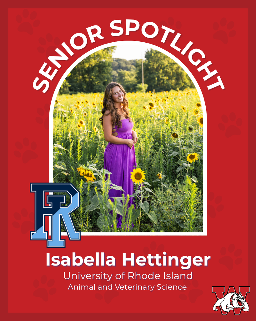 red graphic with paw prints with a students photo in the middle with their college logo in the corner along with their major and then a wilson logo on the other corner isabella hettinger university of rhode island animal and veterinary sceince