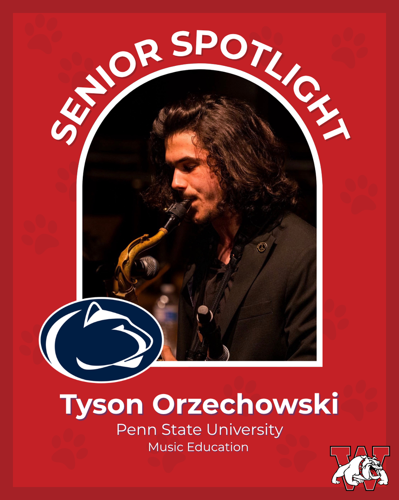 red graphic with paw prints with a students photo in the middle with their college logo in the corner along with their major and then a wilson logo on the other corner tyson orzechowski penn state univeristy music education