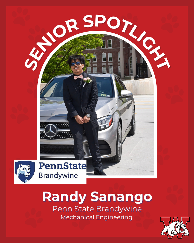 red graphic with paw prints with a students photo in the middle with their college logo in the corner along with their major and then a wilson logo on the other corner randy sanago penn state brandywine mechanical engineering