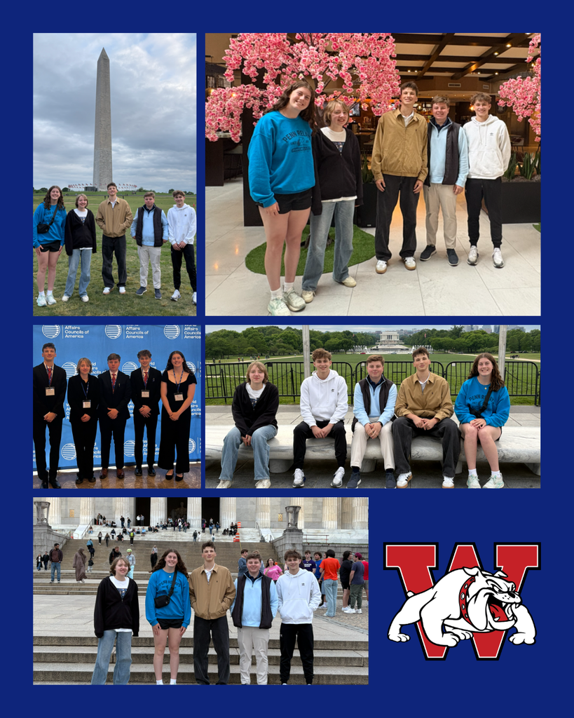 Collage featuring five Wilson students during a trip to Washington, D.C. Photos show the group standing near the Washington Monument, posing indoors under pink cherry blossom decorations, attending an event with an Affairs Councils of America backdrop while dressed formally, sitting together with the Lincoln Memorial visible in the background, and standing on the steps of the Lincoln Memorial. A Wilson Bulldogs logo appears in the bottom right corner on a blue background.