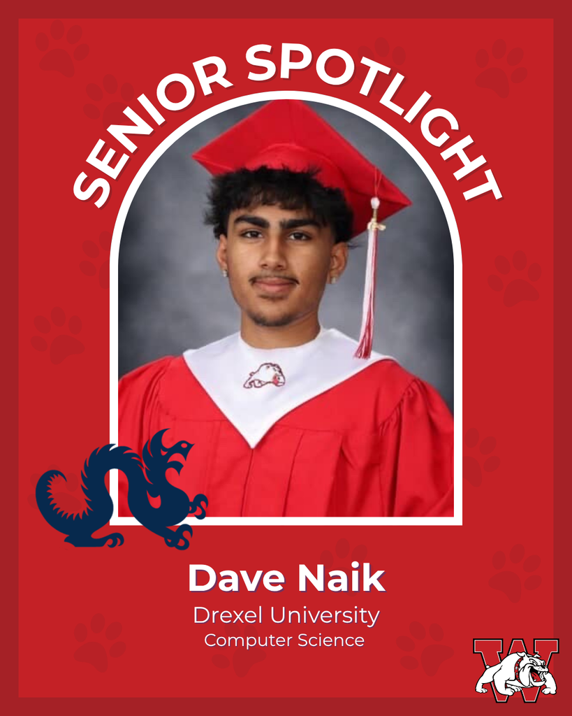 red graphic with paw prints with a students photo in the middle with their college logo in the corner along with their major and then a wilson logo on the other corner dave naik dexel university computer science