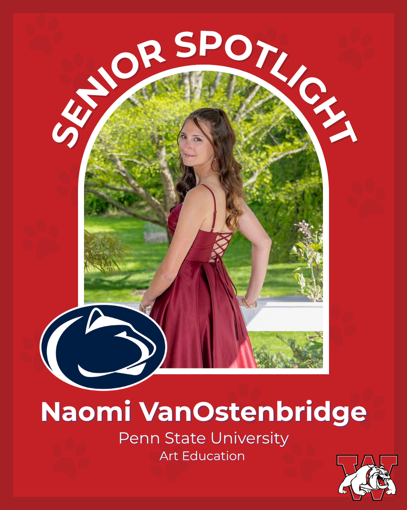 red graphic with paw prints with a students photo in the middle with their college logo in the corner along with their major and then a wilson logo on the other corner naomi vanostenbridge penn state univeristy art education