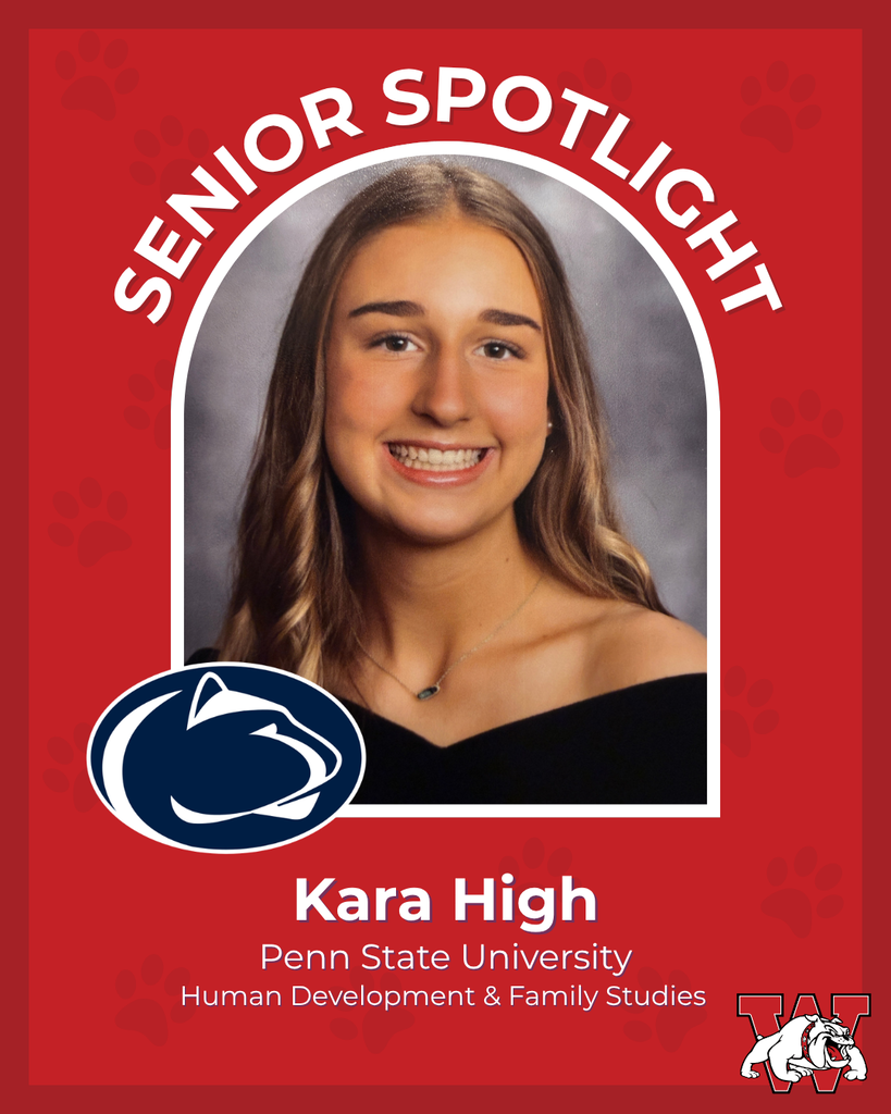 red graphic with paw prints with a students photo in the middle with their college logo in the corner along with their major and then a wilson logo on the other corner kara high penn starte university human development and family studies
