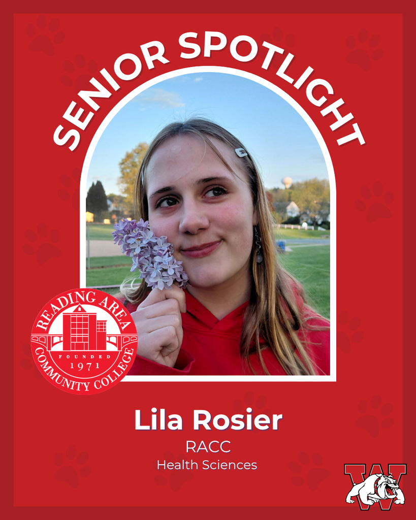 red graphic with paw prints with a students photo in the middle with their college logo in the corner along with their major and then a wilson logo on the other corner lila rosier racc health sciences