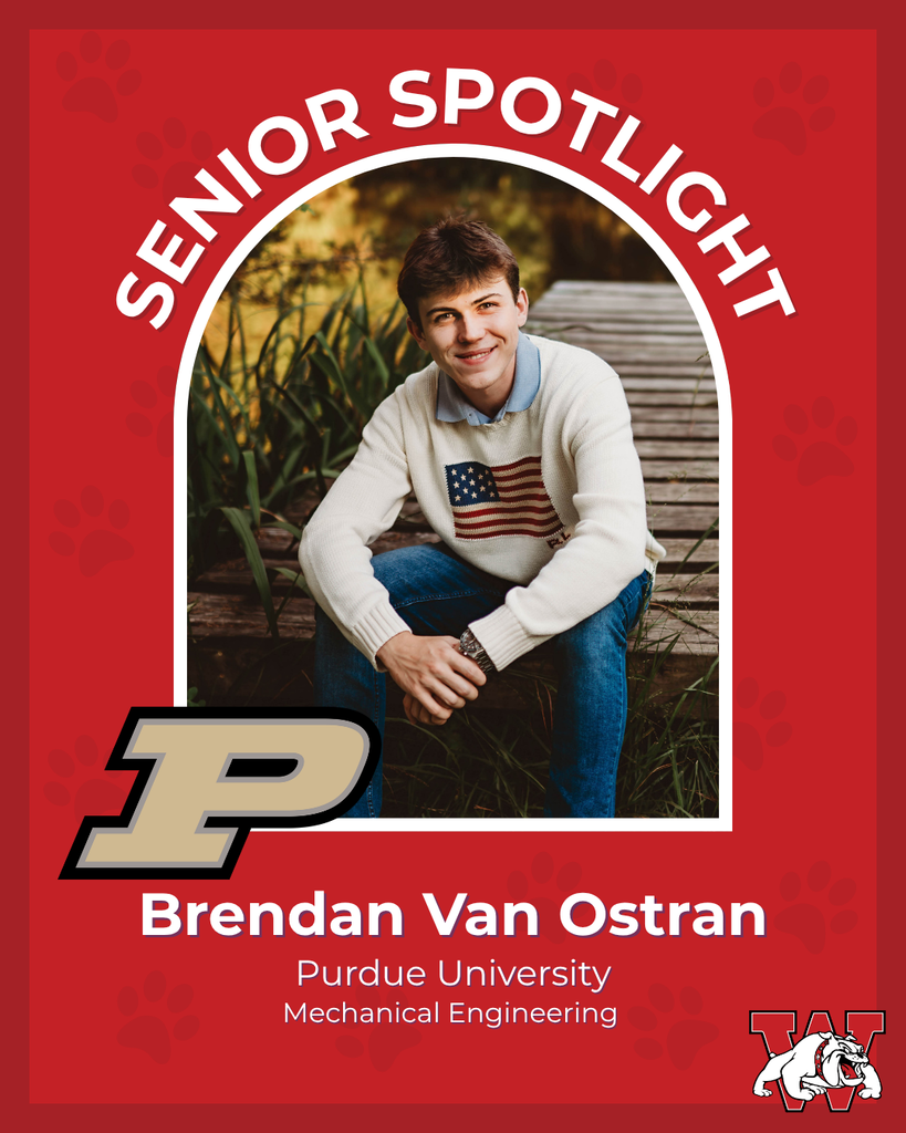 red graphic with paw prints with a students photo in the middle with their college logo in the corner along with their major and then a wilson logo on the other corner brendan van ostran purdue university mechanical engineering