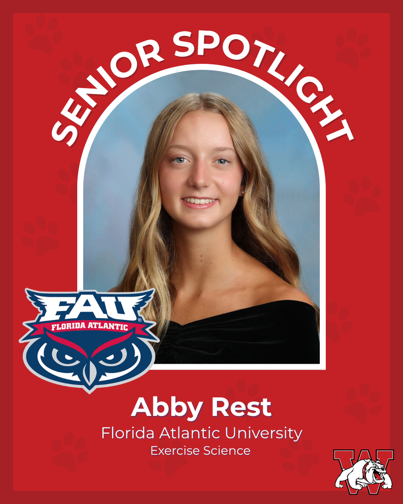 red graphic with paw prints with a students photo in the middle with their college logo in the corner along with their major and then a wilson logo on the other corner abby rest florida atlantic university exercise sceince