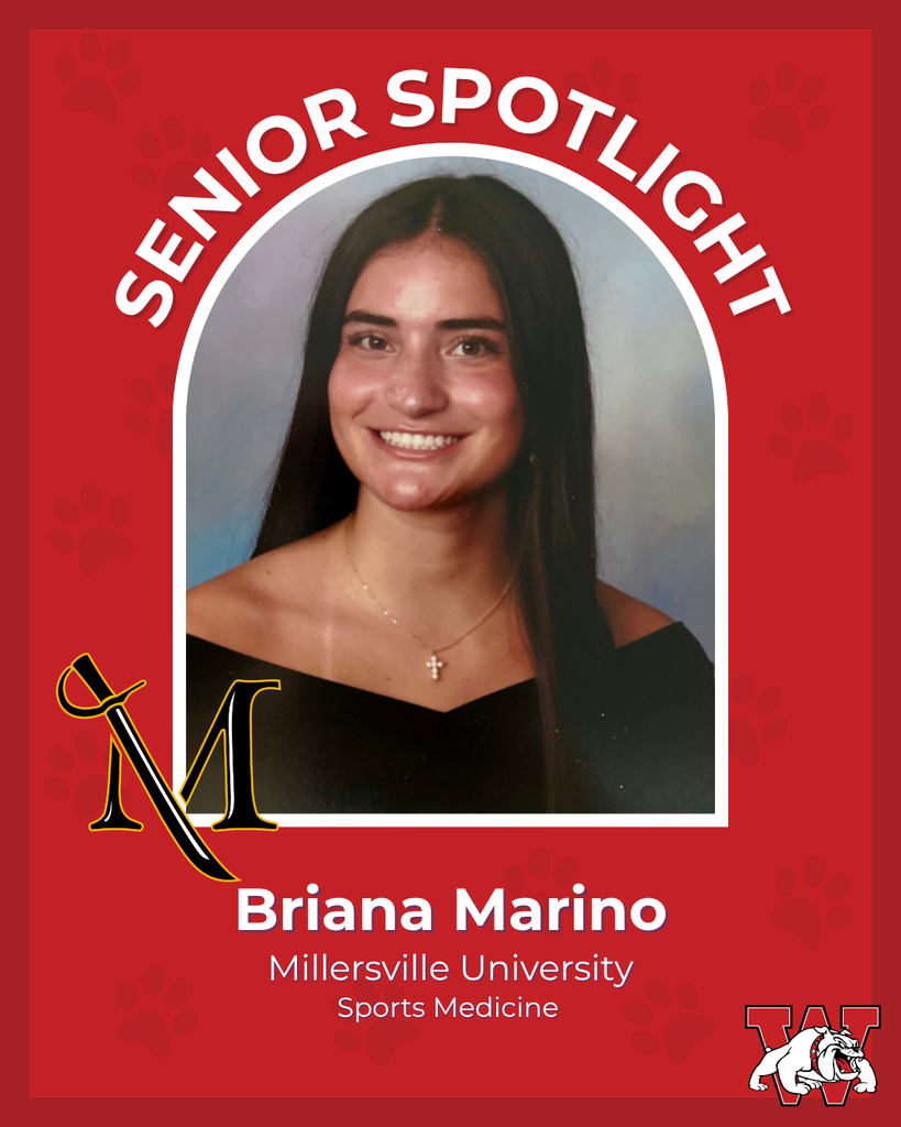 red graphic with paw prints with a students photo in the middle with their college logo in the corner along with their major and then a wilson logo on the other corner briana marino millersville university sports medicine
