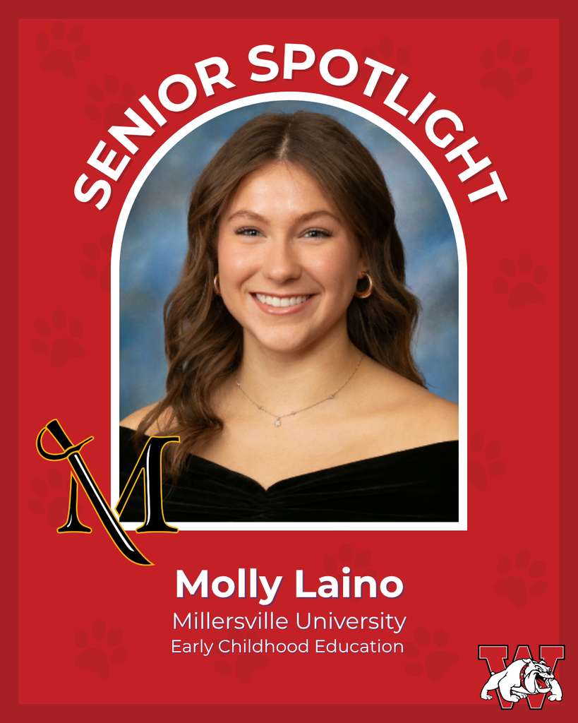 red graphic with paw prints with a students photo in the middle with their college logo in the corner along with their major and then a wilson logo on the other corner molly laino millersville univeristy early childhood education