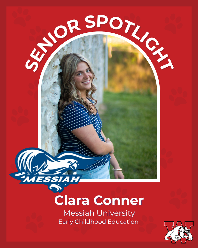 red graphic with paw prints with a students photo in the middle with their college logo in the corner along with their major and then a wilson logo on the other corner clara conner messiah univerity early childhood education