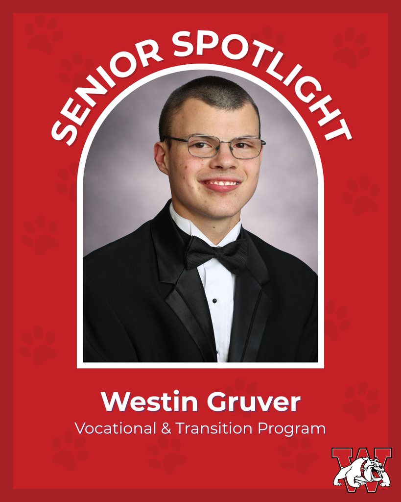 red graphic with paw prints with a students photo in the middle with their college logo in the corner along with their major and then a wilson logo on the other corner westin gruver vocational and transition prorgam