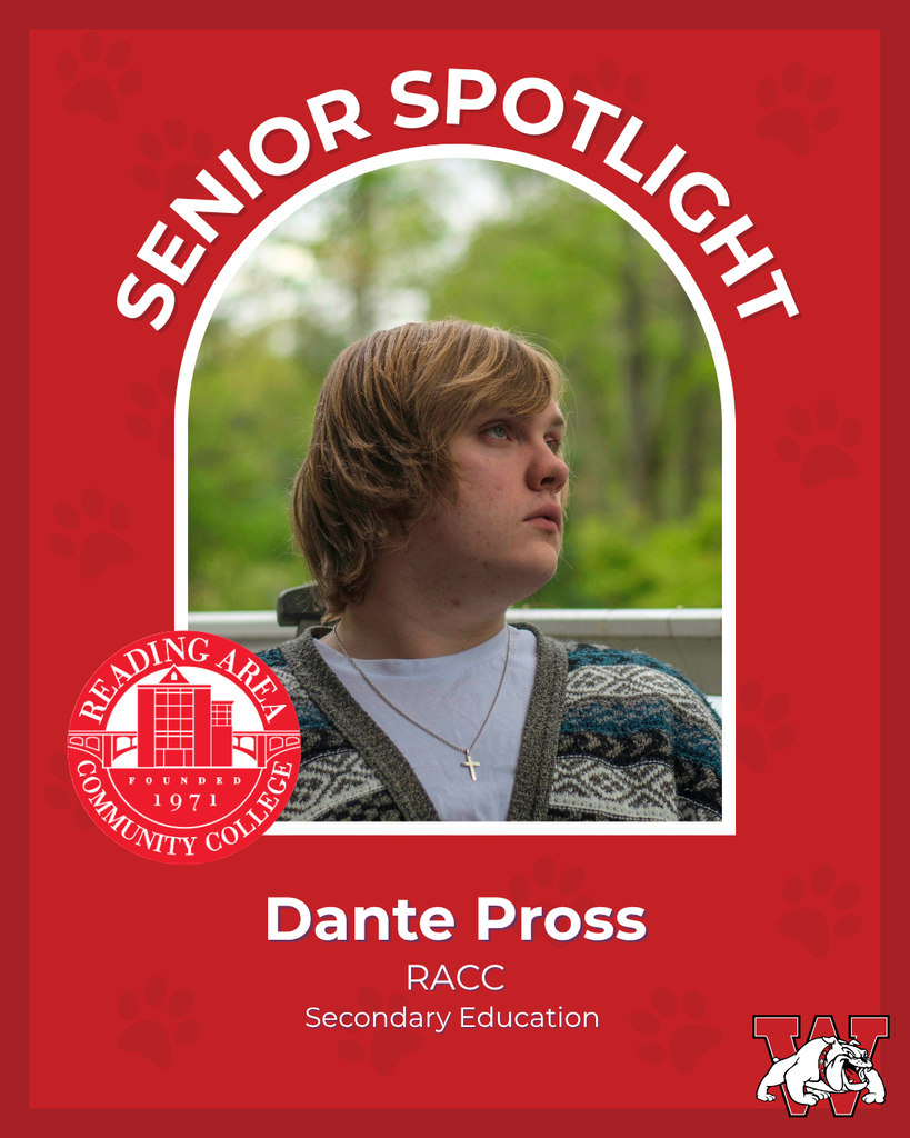 red graphic with paw prints with a students photo in the middle with their college logo in the corner along with their major and then a wilson logo on the other corner dante pross RACC secondary eduction
