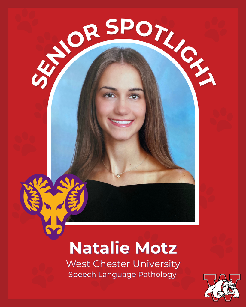 red graphic with paw prints with a students photo in the middle with their college logo in the corner along with their major and then a wilson logo on the other corner natalie motz west chester university speech language pathology