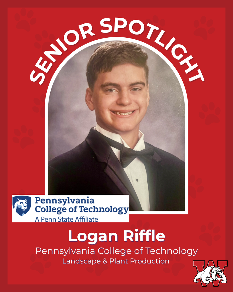 red graphic with paw prints with a students photo in the middle with their college logo in the corner along with their major and then a wilson logo on the other corner logan riffle pennsylvania college of technology landscape and plant production
