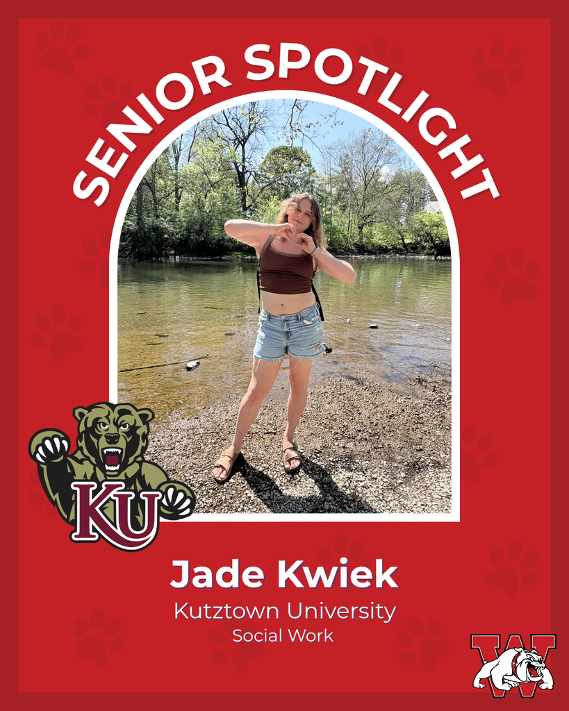 red graphic with paw prints with a students photo in the middle with their college logo in the corner along with their major and then a wilson logo on the other corner jade kwiek kutztown university social work