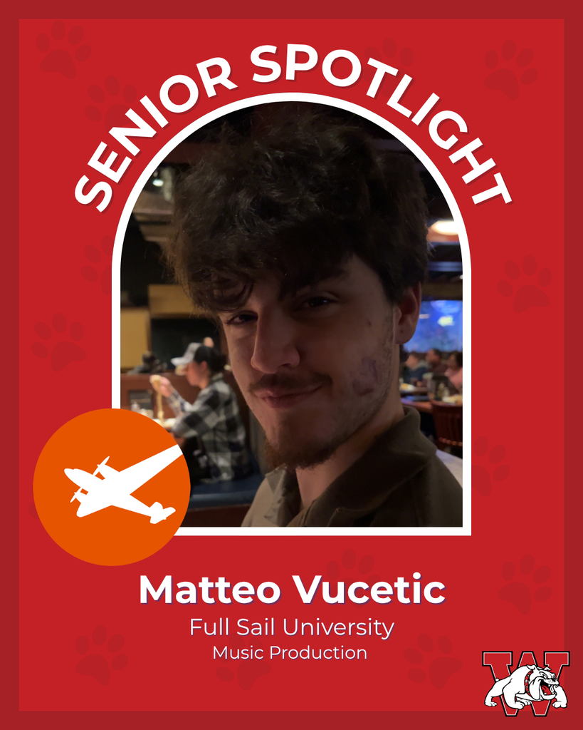 red graphic with paw prints with a students photo in the middle with their college logo in the corner along with their major and then a wilson logo on the other corner matteo vucetic full sail university music production