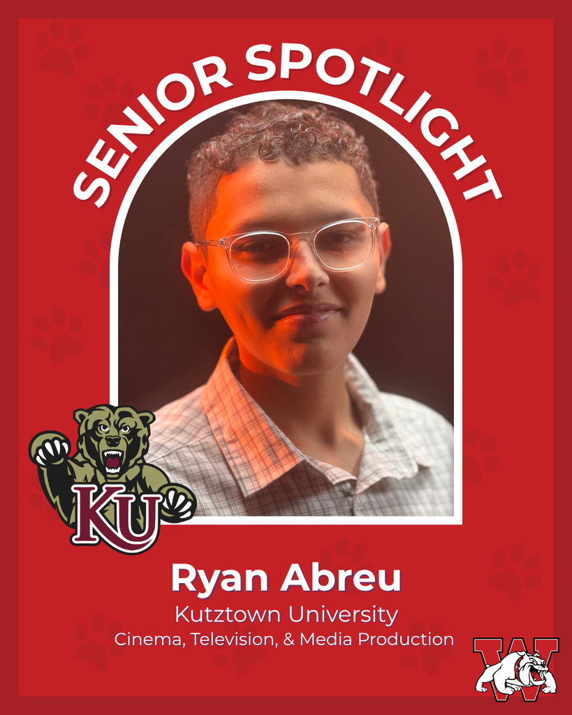 red graphic with paw prints with a students photo in the middle with their college logo in the corner along with their major and then a wilson logo on the other corner ryan abreu kutztown unviersity cinema television and media production