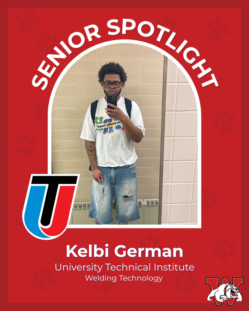 red graphic with paw prints with a students photo in the middle with their college logo in the corner along with their major and then a wilson logo on the other corner kelbi german university technical institute welding technology