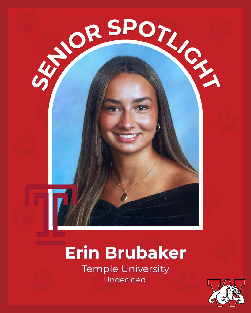 red graphic with paw prints with a students photo in the middle with their college logo in the corner along with their major and then a wilson logo on the other corner erin brubaker temple university undecided