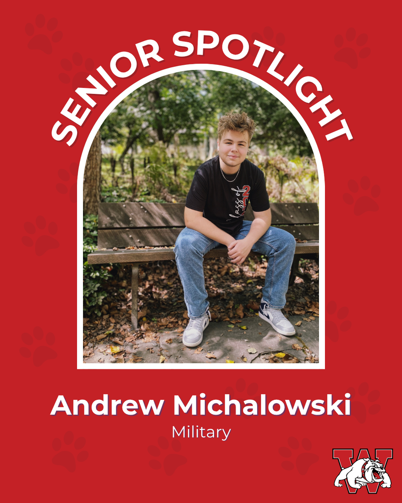 red graphic with paw prints with a students photo in the middle with their college logo in the corner along with their major and then a wilson logo on the other corner andrew michalowski military