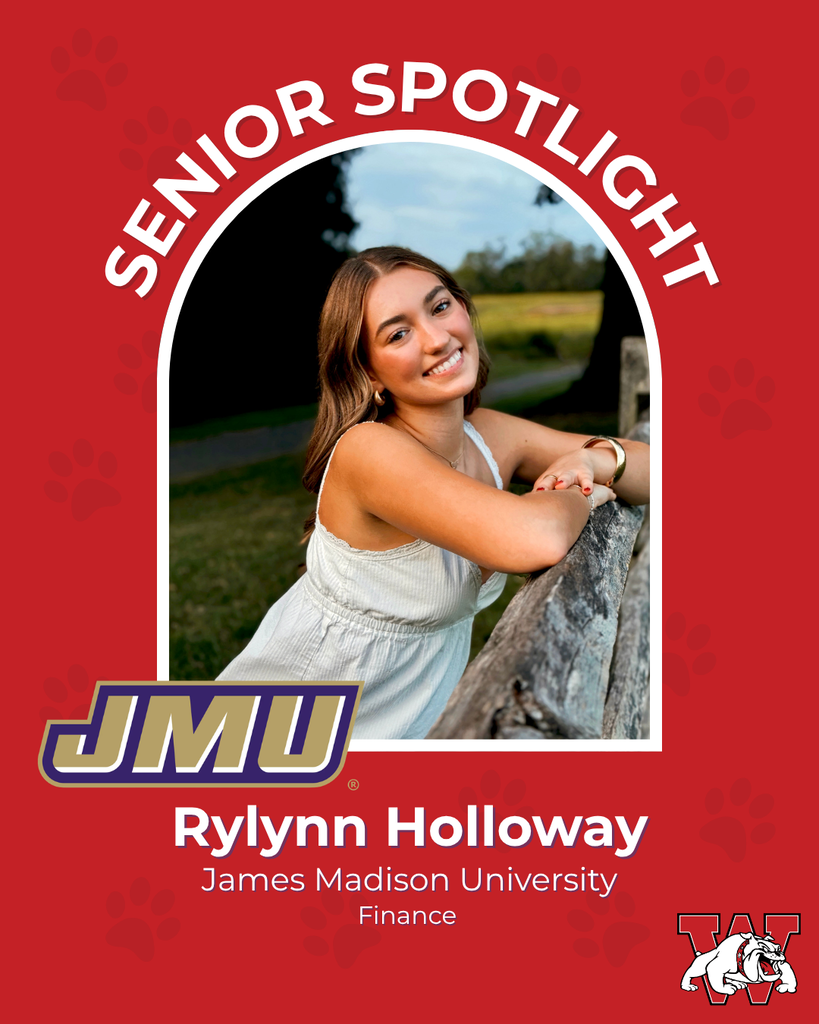 red graphic with paw prints with a students photo in the middle with their college logo in the corner along with their major and then a wilson logo on the other corner rylynn holloway james madison university finance