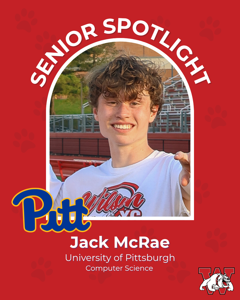 red graphic with paw prints with a students photo in the middle with their college logo in the corner along with their major and then a wilson logo on the other corner jack mcrae unviersity of pittsburgh computer science