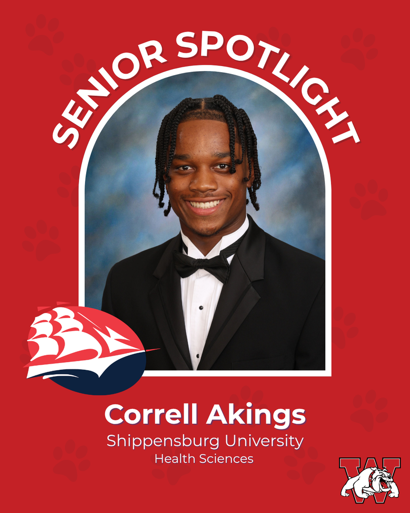red graphic with paw prints with a students photo in the middle with their college logo in the corner along with their major and then a wilson logo on the other corner correll akings shippensburg university health sciences