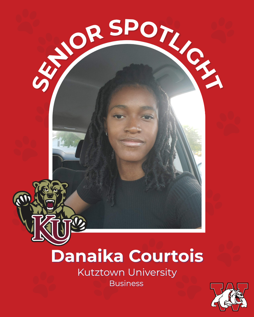 red graphic with paw prints with a students photo in the middle with their college logo in the corner along with their major and then a wilson logo on the other corner danika coutois kutztown university buisness