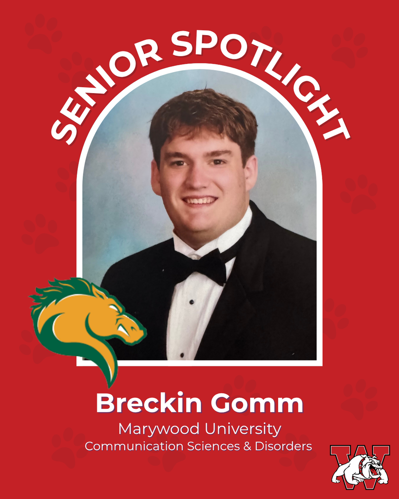 red graphic with paw prints with a students photo in the middle with their college logo in the corner along with their major and then a wilson logo on the other corner breckin gomm marywood univeristy communication sceicnes and disorders