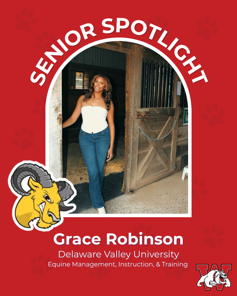 red graphic with paw prints with a students photo in the middle with their college logo in the corner along with their major and then a wilson logo on the other corner grace robinson delaware valley university equine managment instruction and training