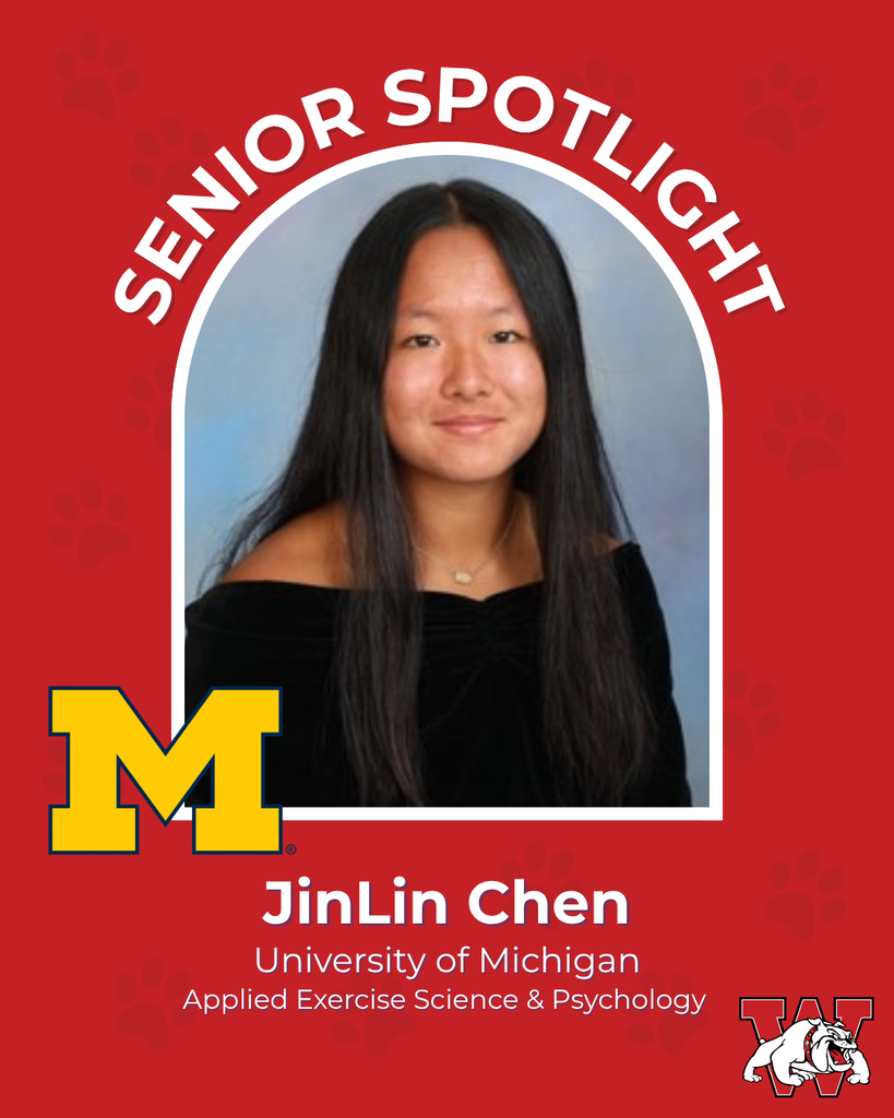 red graphic with paw prints with a students photo in the middle with their college logo in the corner along with their major and then a wilson logo on the other corner jinlin chen univeristy of michigan applied ecersise sceince and psycology