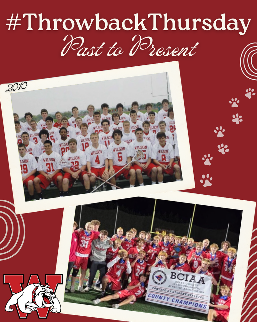 Graphic with the text “#ThrowbackThursday: Past to Present” on a red background with white paw print accents. Two polaroid-style photos compare Wilson lacrosse teams from 2010 and the present day. The top photo shows the 2010 boys lacrosse team posing in white jerseys, while the bottom photo shows the current team celebrating a BCIAA County Championship victory on the field. A Wilson Bulldogs logo appears in the bottom left corner.