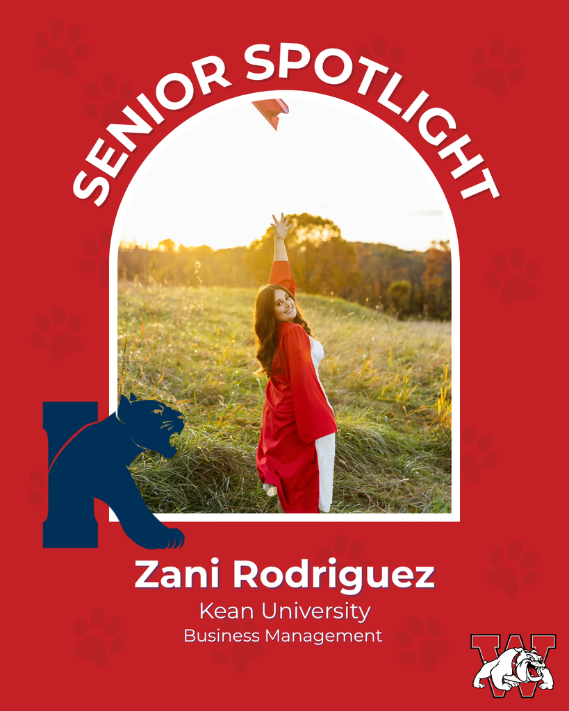 red graphic with paw prints with a students photo in the middle with their college logo in the corner along with their major and then a wilson logo on the other corner zani rodriguez kean unvieristy buisness mangment