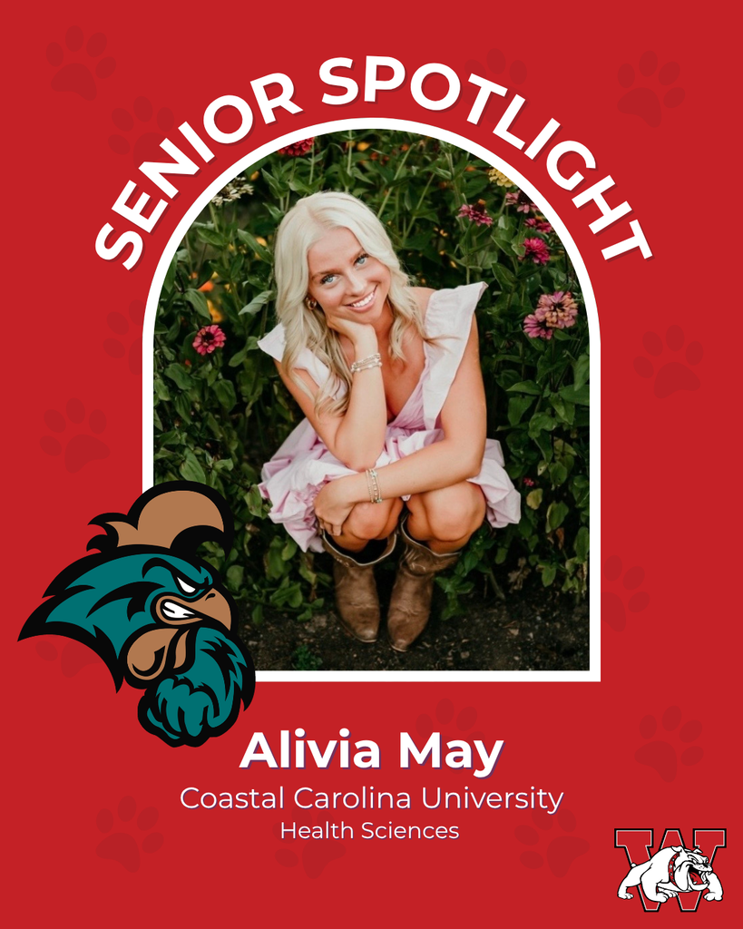 red graphic with paw prints with a students photo in the middle with their college logo in the corner along with their major and then a wilson logo on the other corner alivia may coastal carolina univeristy health sciences