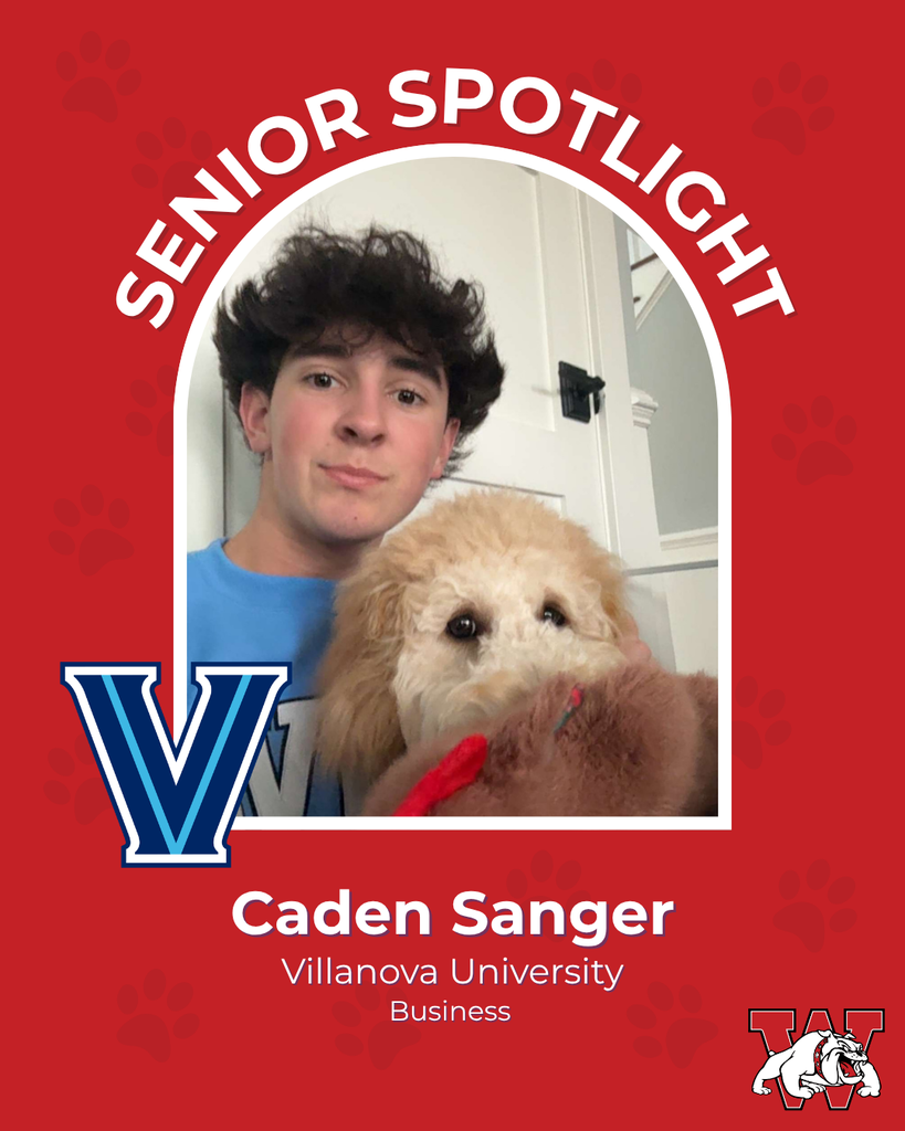 red graphic with paw prints with a students photo in the middle with their college logo in the corner along with their major and then a wilson logo on the other corner caden sanger villanova university buisness
