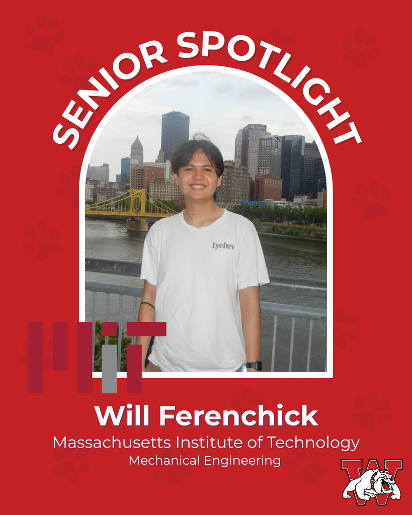 red graphic with paw prints with a students photo in the middle with their college logo in the corner along with their major and then a wilson logo on the other corner wil ferenchick massachustes insititue of technology mehanical engineerng