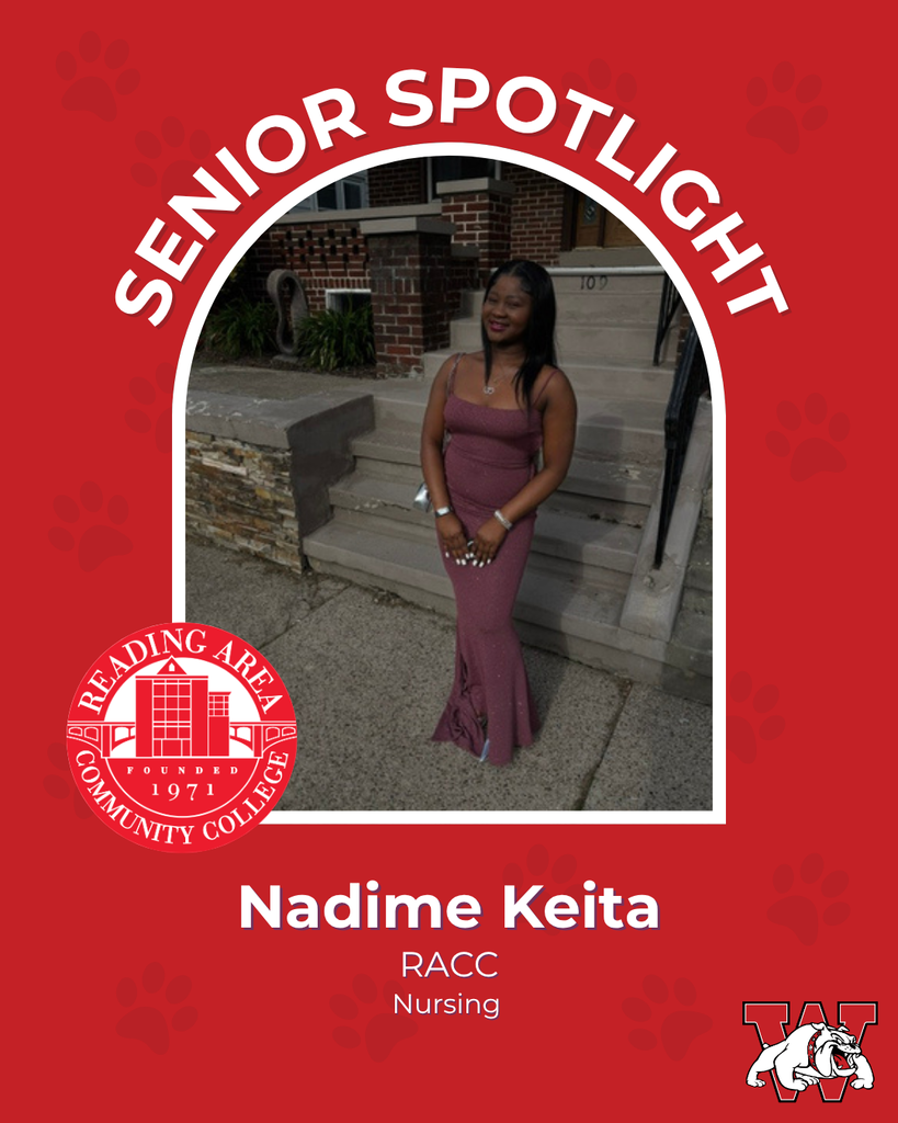 red graphic with paw prints with a students photo in the middle with their college logo in the corner along with their major and then a wilson logo on the other corner nadime keita racc nursing