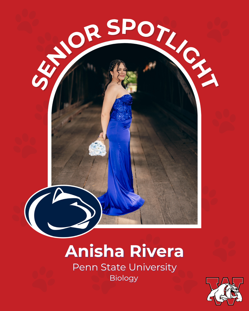 red graphic with paw prints with a students photo in the middle with their college logo in the corner along with their major and then a wilson logo on the other corner anisha rivera penn state unvieristy biology