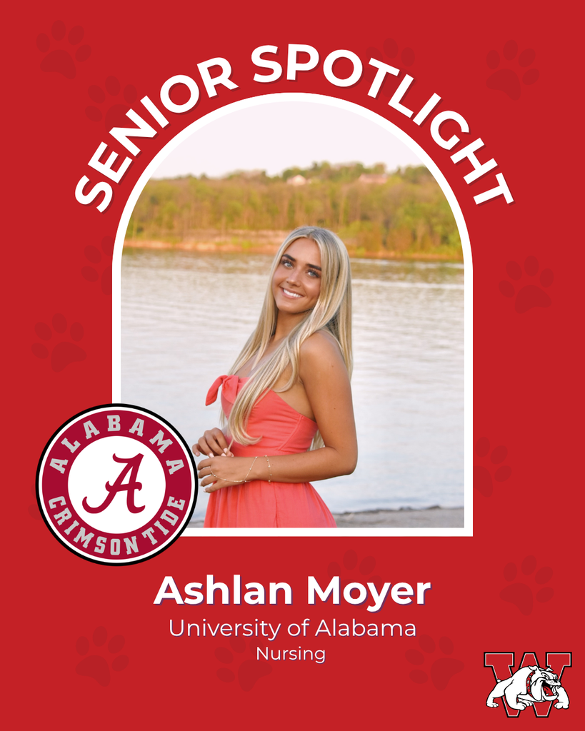 red graphic with paw prints with a students photo in the middle with their college logo in the corner along with their major and then a wilson logo on the other corner ashlan moyer univeristy of alabama nursing