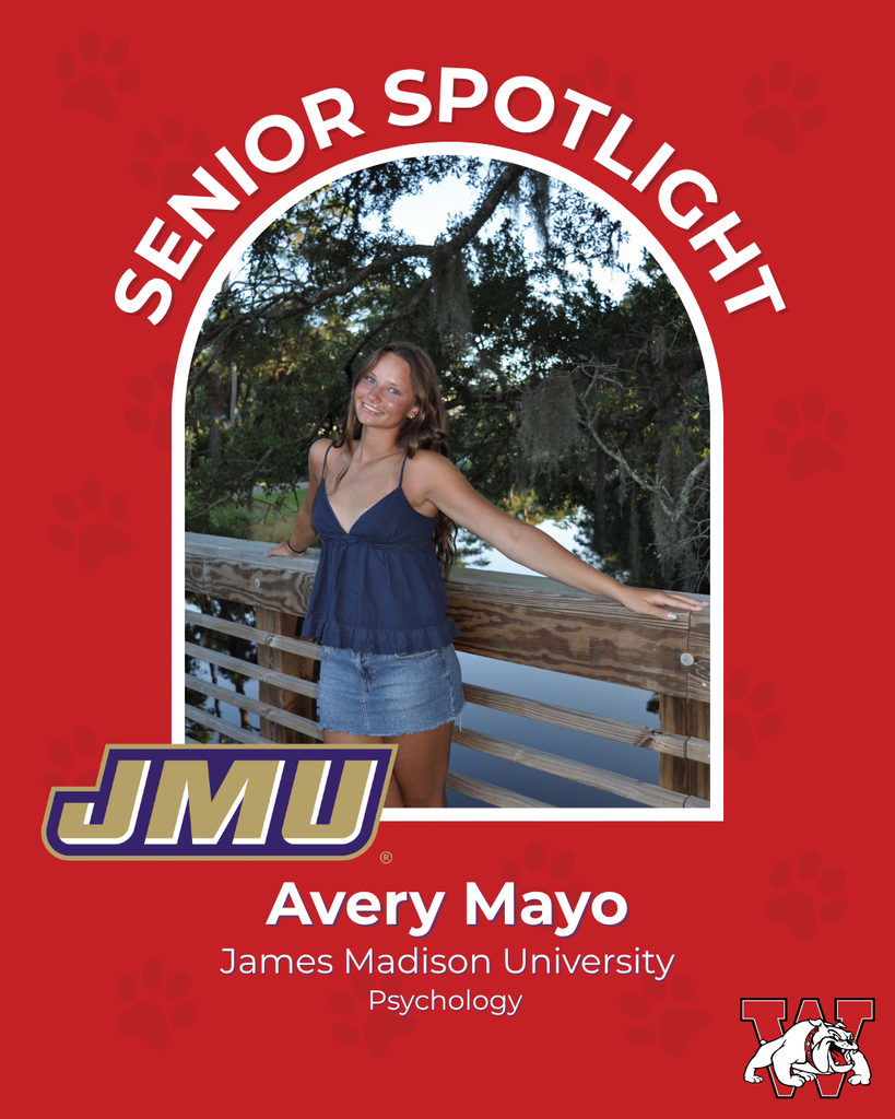 red graphic with paw prints with a students photo in the middle with their college logo in the corner along with their major and then a wilson logo on the other corner avery mayo james madison university psycology