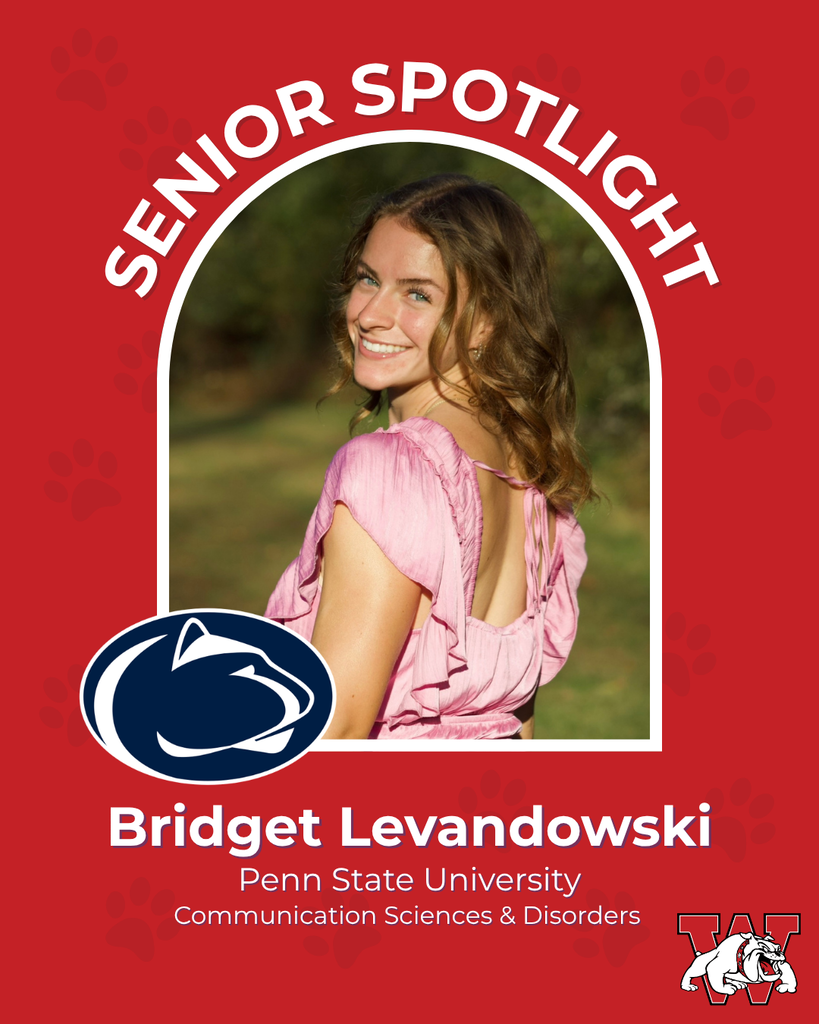 red graphic with paw prints with a students photo in the middle with their college logo in the corner along with their major and then a wilson logo on the other corner bridget levendowski penn state university communication sciences and disorders