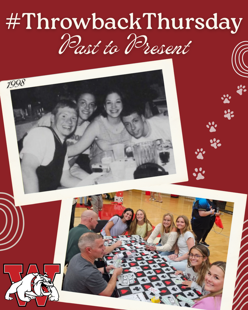 A red and white #ThrowbackThursday graphic titled “Past to Present” featuring two overlapping photos that compare Wilson students across generations. The top black-and-white photo from 1998 shows four students smiling together around a table. The bottom modern color photo shows a group of students and adults gathered around a card game table in a school gym. White paw print graphics and circular accents decorate the background, and the Wilson Bulldogs logo appears in the bottom left corner.