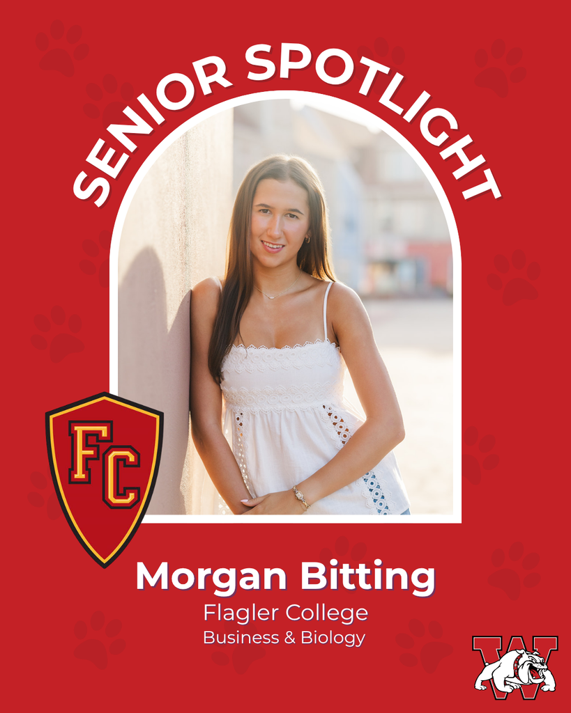 red graphic with paw prints with a students photo in the middle with their college logo in the corner along with their major and then a wilson logo on the other corner morgan bitting flagler college buisness and biology