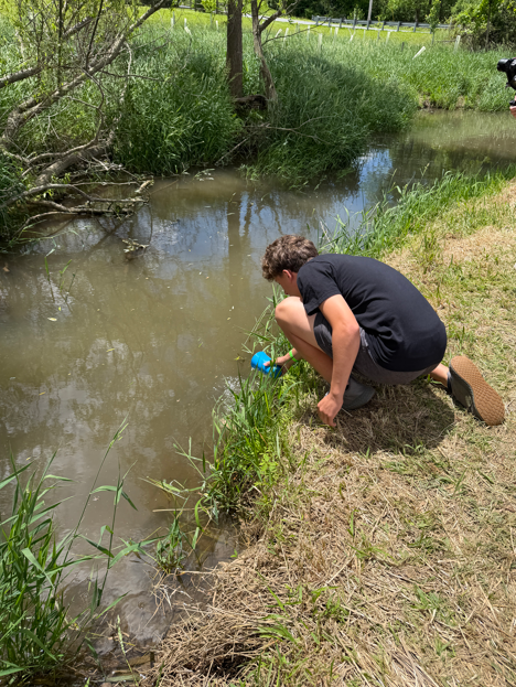 student releasing a fish into the stream
