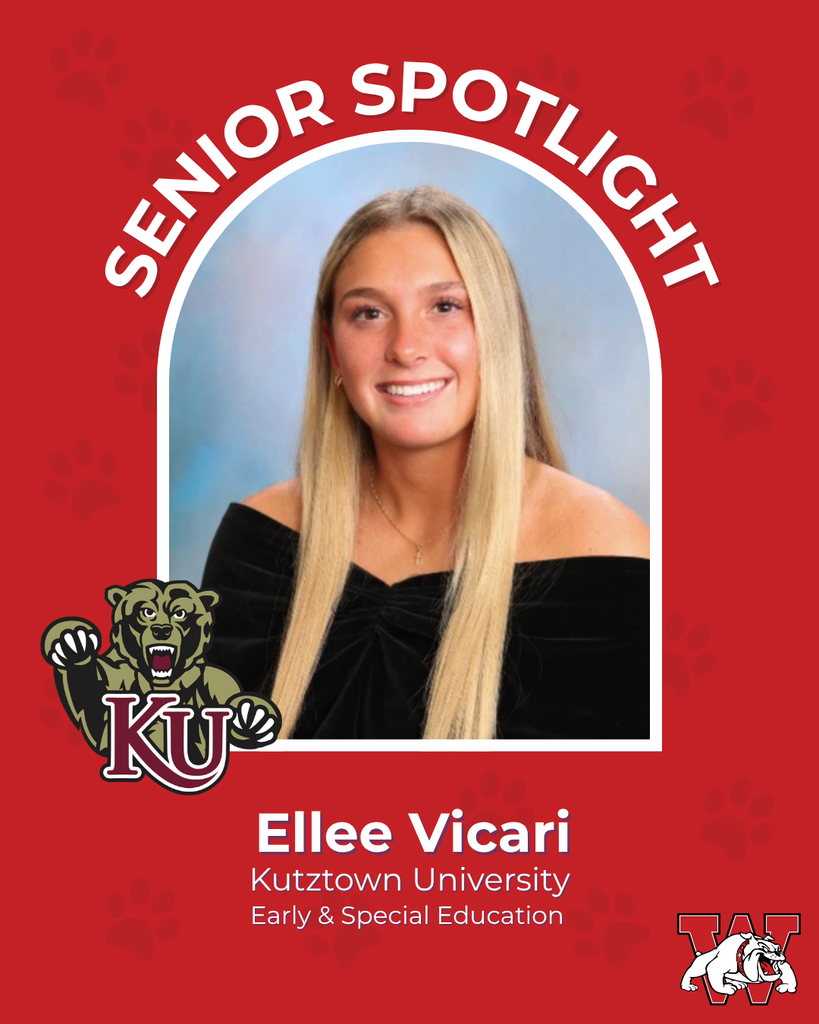 red graphic with paw prints with a students photo in the middle with their college logo in the corner along with their major and then a wilson logo on the other corner elle vicari kutztown nuniversity early and special education