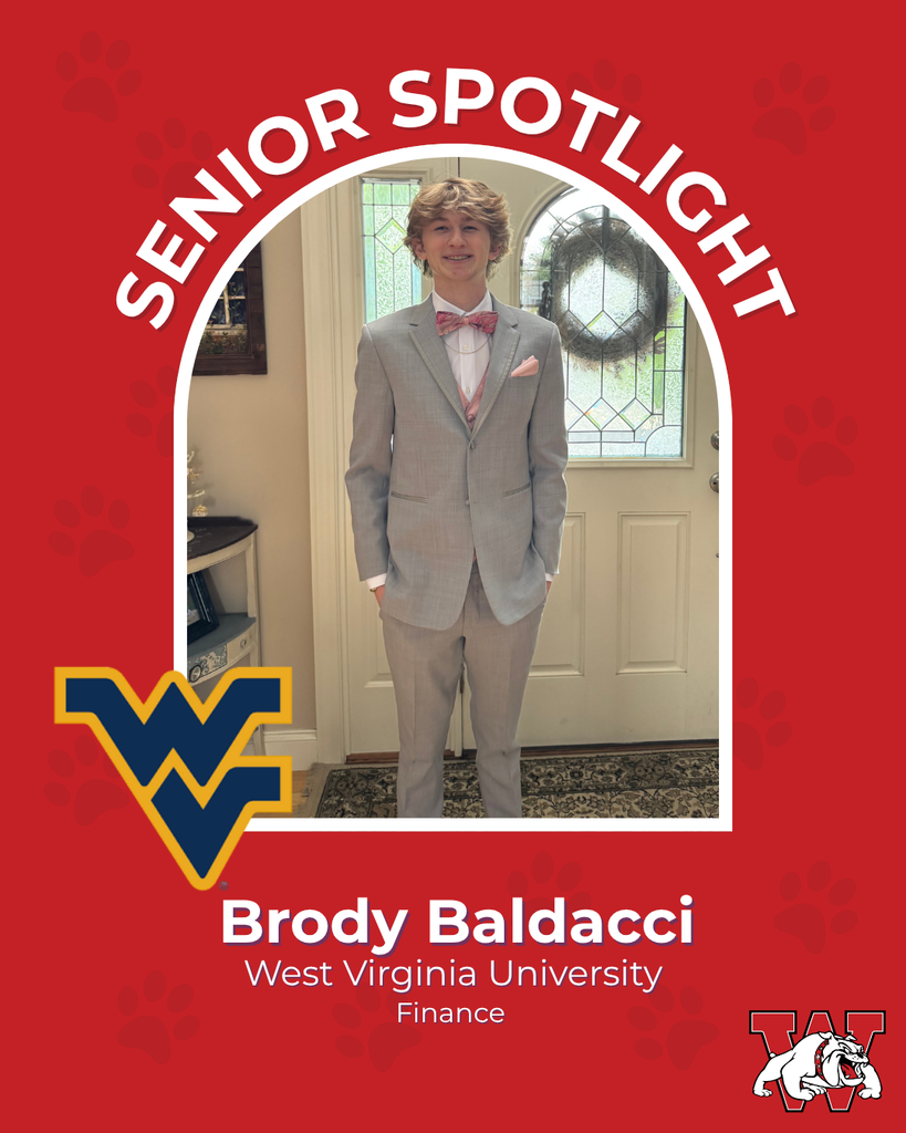 red graphic with paw prints with a students photo in the middle with their college logo in the corner along with their major and then a wilson logo on the other corner brody baldacci west virginia university finance