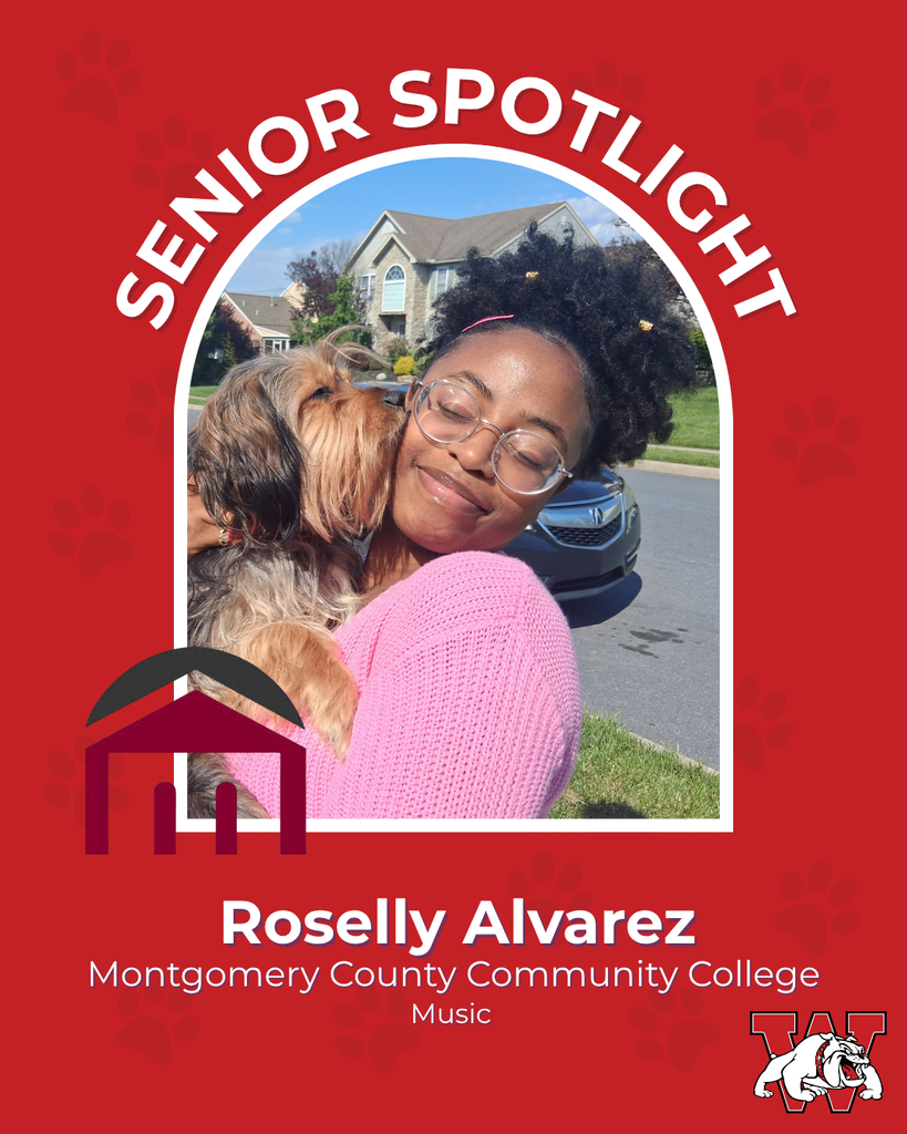 red graphic with paw prints with a students photo in the middle with their college logo in the corner along with their major and then a wilson logo on the other corner roselly alvarez montgomery county community college music