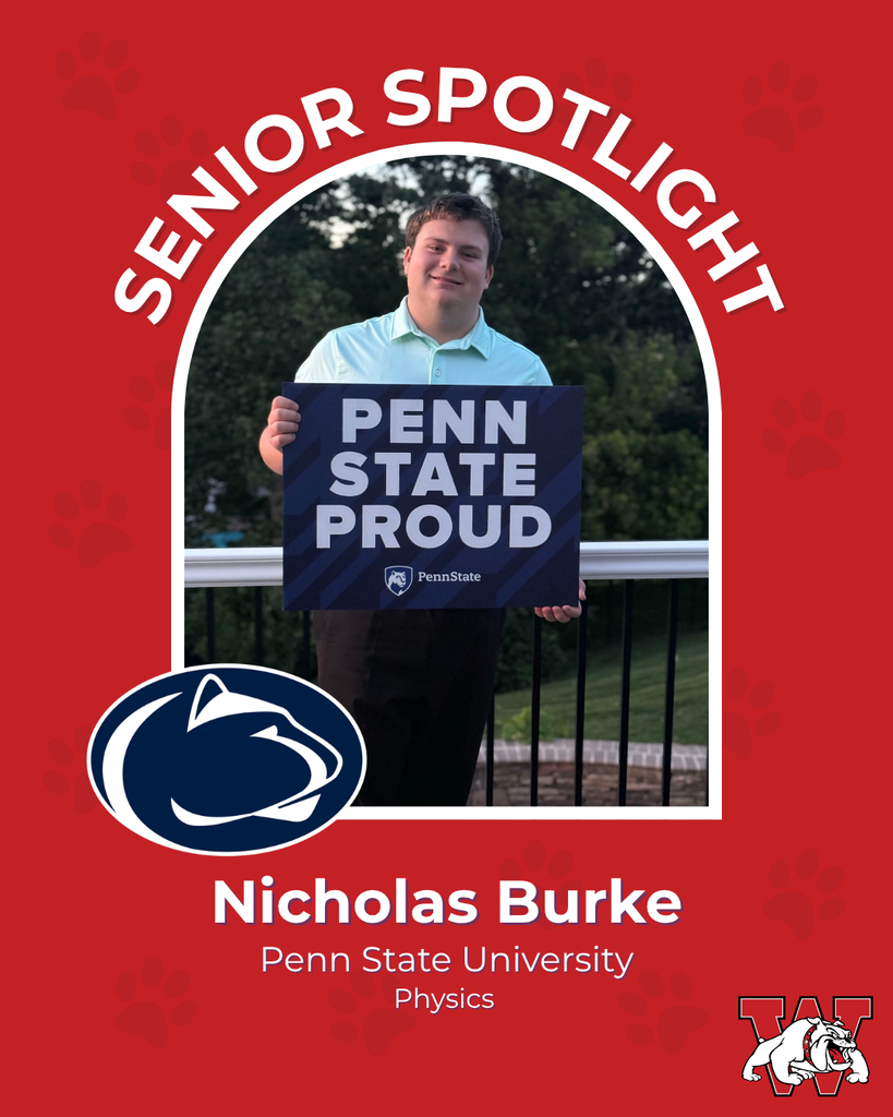 red graphic with paw prints with a students photo in the middle with their college logo in the corner along with their major and then a wilson logo on the other corner nicholas burke penn state university physics