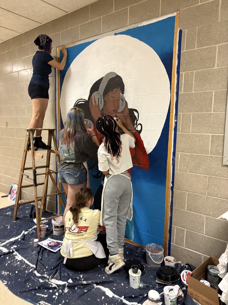 students working on mural