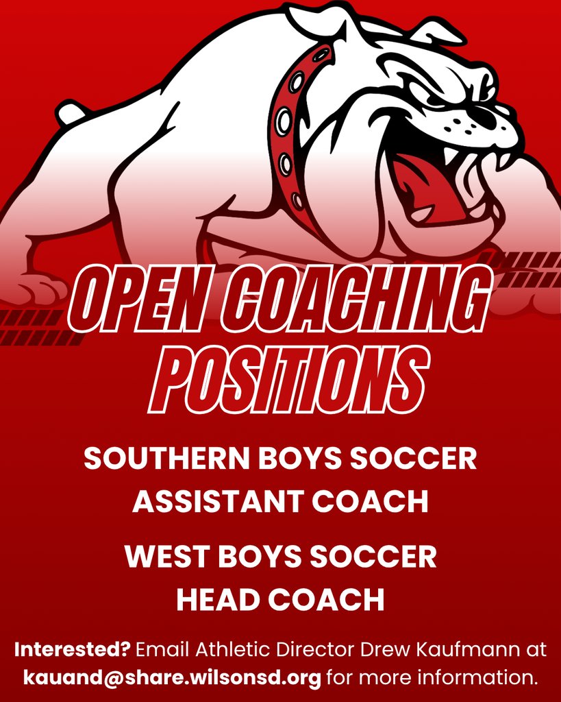 Open Coaching Positions Southern Boys Soccer Assistant Coach West Boys Soccer Head Coach Interested? Email Athletic Director Drew Kaufmann at kauand@share.wilsonsd.org for more information.